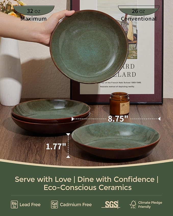 Pokini 16 Piece Double Bowl Dinnerware Sets with Pasta Bowls, Highly Chip and Crack Resistant Plates and Bowls Sets, Natural Earthyware Ceramic Dishware Sets, Service for 4 Sage Green