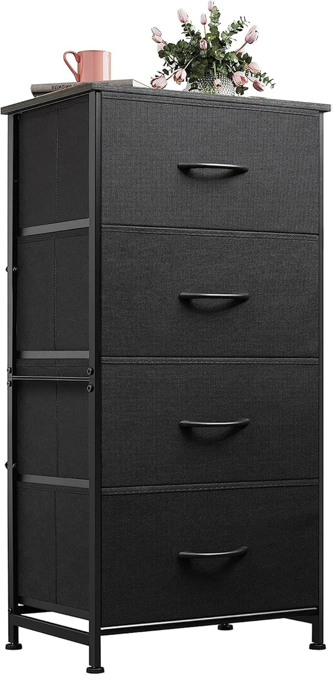 WLIVE Small Dresser Nightstand for Bedroom, 4 Drawers, Charcoal Black | 4 vertical fabric drawers, Space-saving tower, Bedroom or closet use, Chest of drawers, Dresser for small spaces