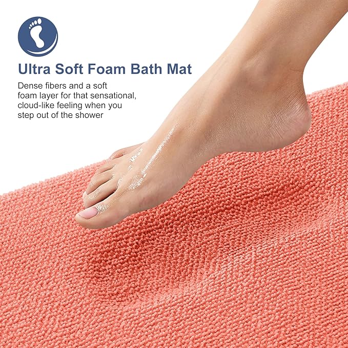 OLANLY Memory Foam Small Bathroom Rugs 24x16, Absorbent Bath Mat, Coral | Soft Quick Dry Bath Mat Rugs, Non-Slip, Machine Washable Mat for Bathroom Floor, Tub and Shower, Home Decor Accessories