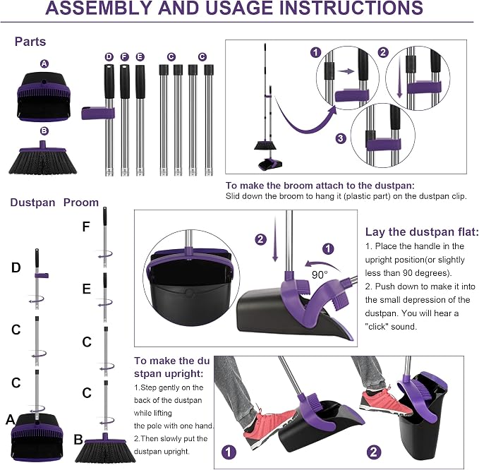 Broom and Dustpan Set 2 Pack, Upright Stand Up Broom and Dustpan Combo with Long Handles, Self-Cleaning Dustpan Teeth, Indoor Outdoor Sweeping Set for Home, Kitchen, Garage Pet Areas Purple