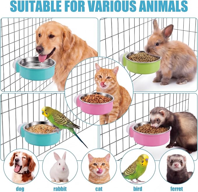 24 Pcs Crate Bowls Bulk Puppy Dog Bowls for Kennel Removable Stainless Steel Crate Water Bowl Kennel Hanging Food Feeders Coop Cup for Cat Puppy Rabbit Birds Ferret Guinea Pigs