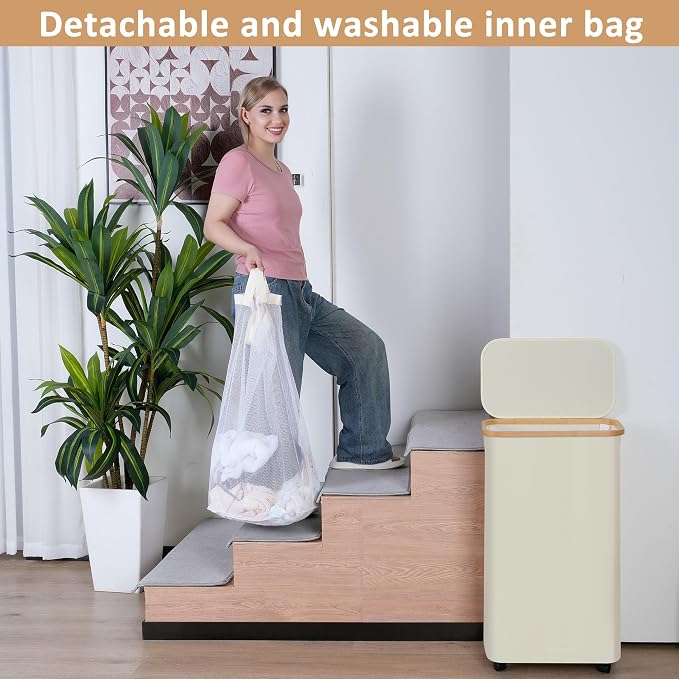 iEGrow 75L Laundry Basket with Wheels,Clothes Hamper for Laundry,Laundry Hamper with Lid and Inner Bag, for Laundry Room, Bedroom, Dormitory Storage,Pink
