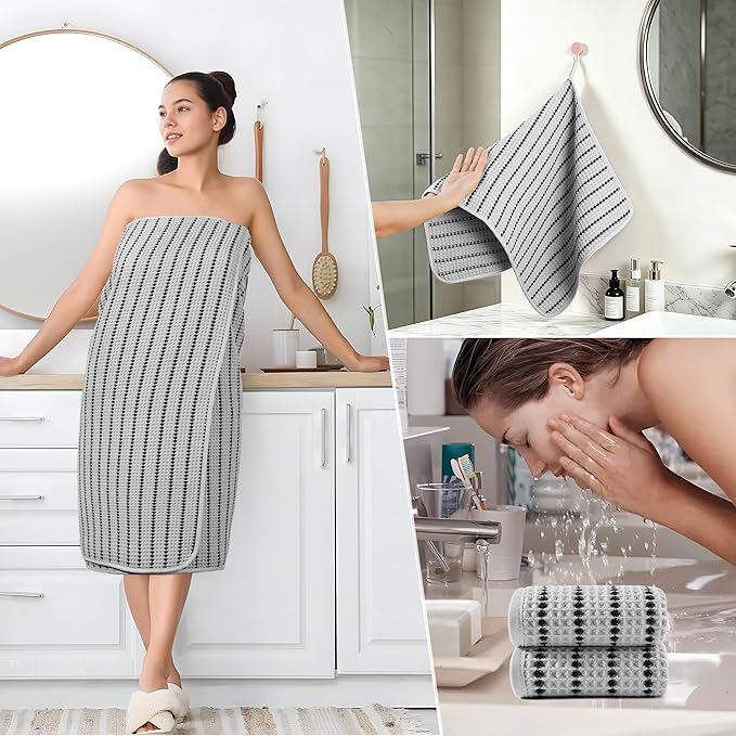 POLYTE 430 GSM Microfiber Quick Dry Lint Free Oversize Bath Towel Set, 6 Piece (Waffle Weave)