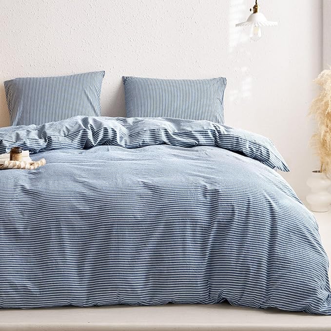 Wake In Cloud - Striped Cotton Duvet Cover Set, 100% Washed Cotton Textured Bedding Set, Ticking Stripe Pinstripe Farmhouse, 3 Pieces, Denim Blue, California King Size