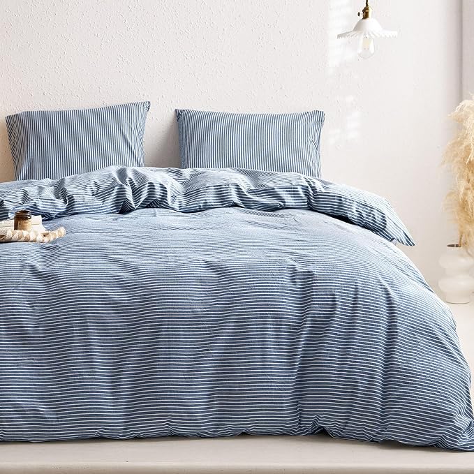 Wake In Cloud - Striped Cotton Duvet Cover Set, 100% Washed Cotton Textured Bedding Set, Ticking Stripe Pinstripe Farmhouse, 3 Pieces, Denim Blue, Queen Size
