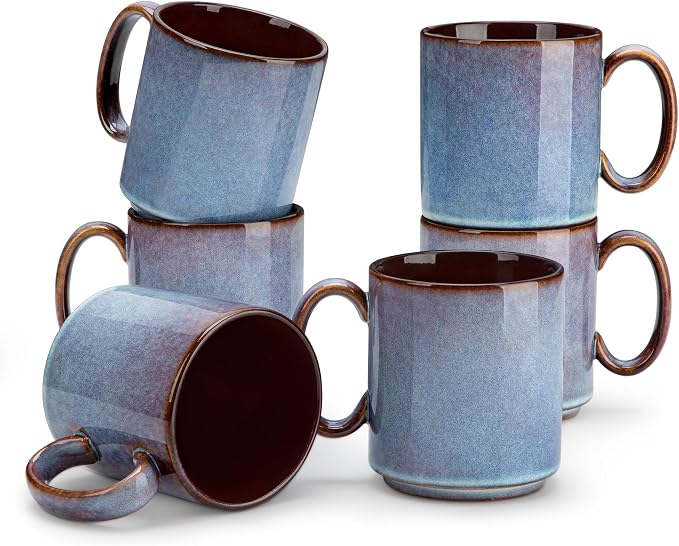vancasso ONION Ceramic Coffee Mugs Set of 6, 16 Oz Coffee Cups for Latte, Cappuccino, Tea & Hot Cocoa, Artisan Modern Style for Coffee Bar, Home & Kitchen, Microwave & Dishwasher Safe, Deep Blue Gray