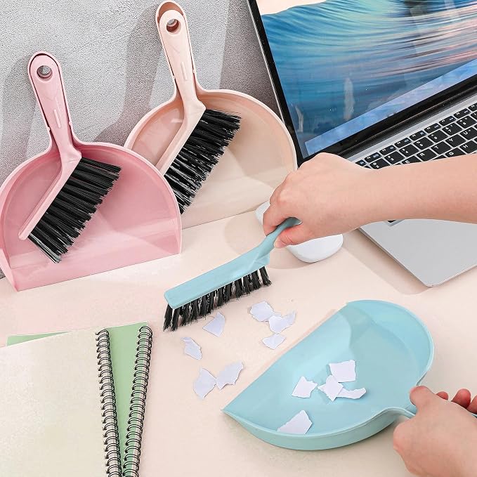 Sliner 18 Pack Mini Dustpan and Brush Set Nesting Snap Plastic Dust Pans with Brush Small Handheld Broom and Dustpan Set Bulk Portable Cleaning Suitable for Desktop Pets Care Camping(Blue, Pink,Beige)