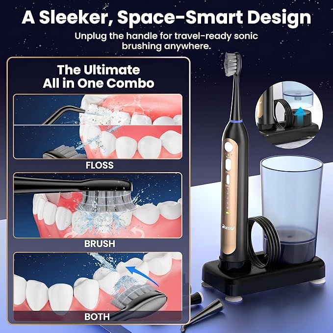 Electric Toothbrush with Water Flosser Combo, Compact 3-in-1 Flossing Toothbrush, 40000 VPM Sonic Brushing,11oz Easy-Clean Detachable Tank, Space-Saving Care for Sensitive Braces,30-Day Battery