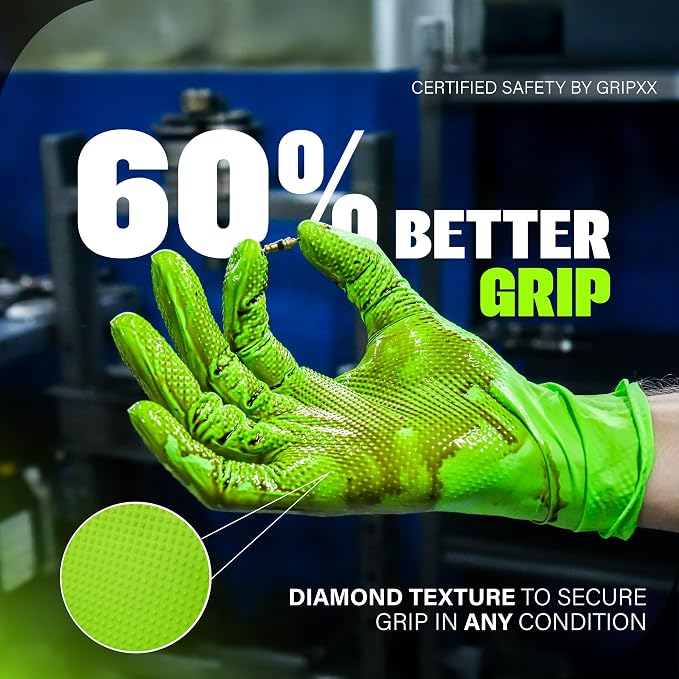 GRIPXX Herkules Grip Heavy Duty 8Mil Green Nitrile Gloves,3D Raised Diamond Texture-Latex & Powder Free-Industrial, Mechanic | Pack of (200 CT)
