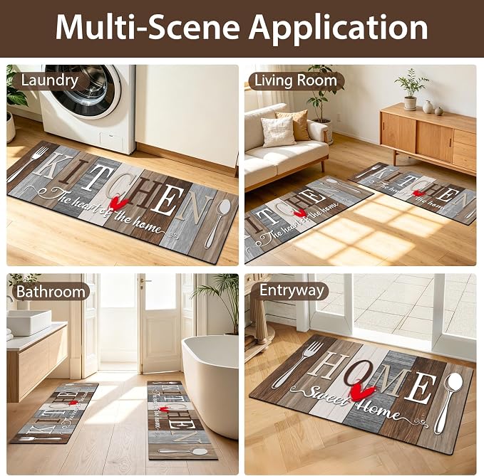 Kitchen Rugs Set 3 Piece, Non Slip Kitchen Mats for Floor, Soft Fabric with Rubber Backing, Farmhouse Anti Fatigue Runners Carpet for Home Kitchen Laundry Room Hallway (Rustic Brown & Grey)