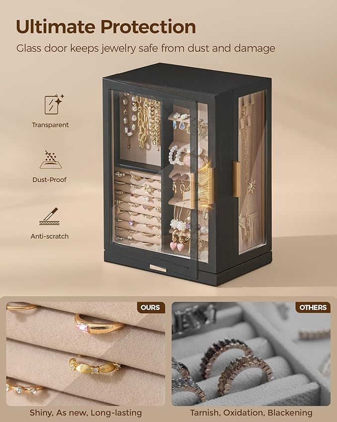Glimmloop 360° Rotating Jewelry Box with 7 Drawers, Spacious Vertical Jewelry Organizer with Glass Window, Jewelry Storage Case, Dustproof & Moisture-resistant Design, Black
