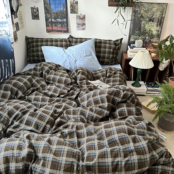 mixinni Vintage Buffalo Plaid Duvet Cover Set Full Size - 3 Piece Washed Cotton Bedding Set with Grid Pattern, Soft & Breathable Duvet Cover with Pillowcases for All Seasons,(Brown & Blue, Beige)