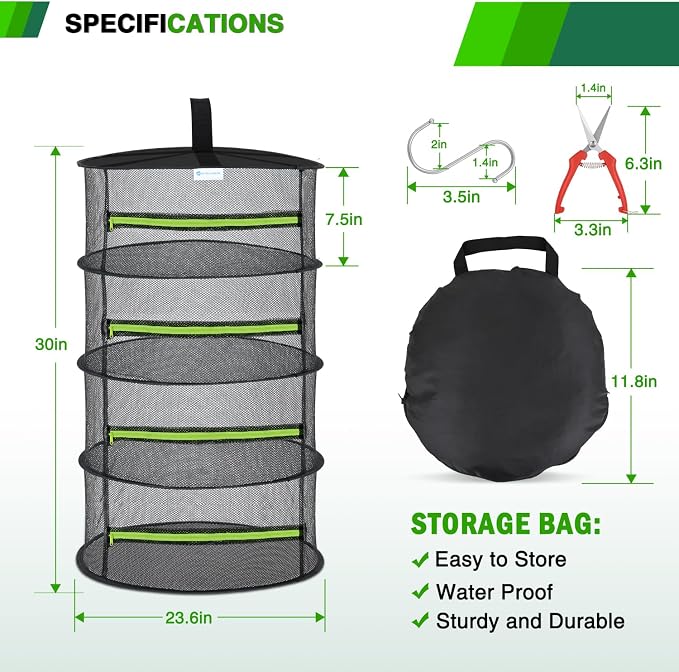 Yesker 4 Layer Herb Drying Rack Hanging Mesh Net Foldable Plant Drying Racks 24" w Green Zipper Pruning Shears Hook Dryer Hanging Rack for Herbs Seed Bud Fruit Clothes Grow Tent Closets Garden Outdoor | 24" w Green Zipper Pruning Shears Hook Dryer Hang...