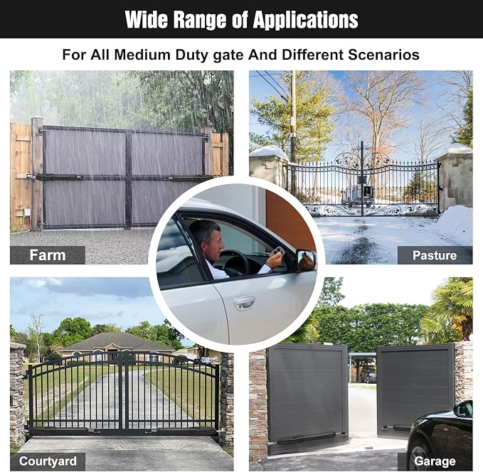 JUJIANG C01 Solar Gate Opener with Batteries & Solar Panel for Single Swing Gates Up to 440lb 12FT Automatic Gate Openers with Remote Complete Kit Light Duty Automatic Gate Openers Solar Powered