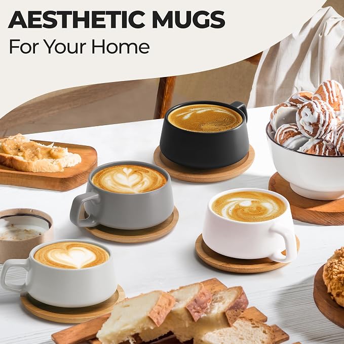MIAMIO - Cappuccino Cup Set of 4, Ceramic (9.5oz) - Luxe (Classic Pastel) | Ceramic cappuccino cups and saucers, wide latte cups and mugs for Americano, 4-piece set of ceramic cups, dishwasher safe