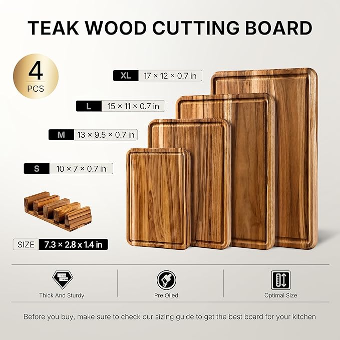 Teak Cutting Boards for Kitchen 4 Pack Wooden Wood Chopping Board Non Toxic | Heavy Duty, Non Toxic Slip, Solid Thick, Wood Haus Chopping Board, Extra Large Big Small, Meat Best, Wooden Charcuterie Board