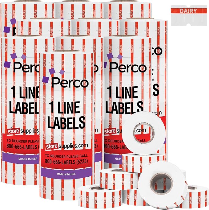 Perco 1 Line Orange Reverse Print on White Dairy Labels—80,000 Labels for Perco Lite, X, Plus & Pro Guns—with Tamper-Proof Design for Marking Milk, Cheese, Yogurt, Butter—80 Rolls, 10 Sleeves—USA Made