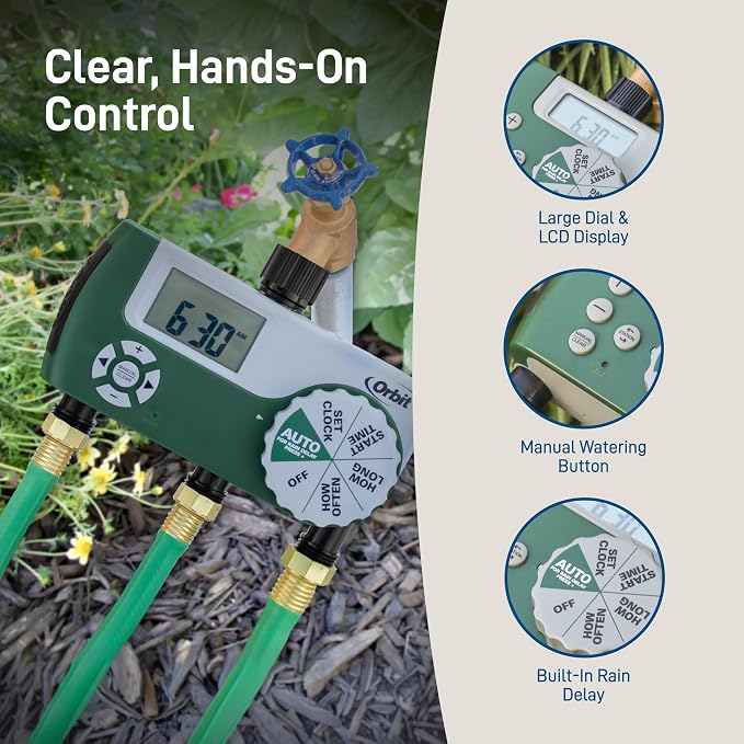 Orbit Programmable Digital Hose Watering Timer - 3 Outlet - Battery Powered - with LCD Screen - Built-in Rain Delay - Water-Resistant - 56082