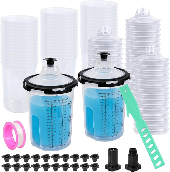 Disposable Paint Cups For Spray Gun, 27oz 125-Micron Mixing Cup With Lids | Fulchron 50PCS Paint Cup Liners with Lids, 2 Hard Cups & Adapters, Ideal for HVLP/LVLP Spray Gun 360° Spray & Less Cleanup