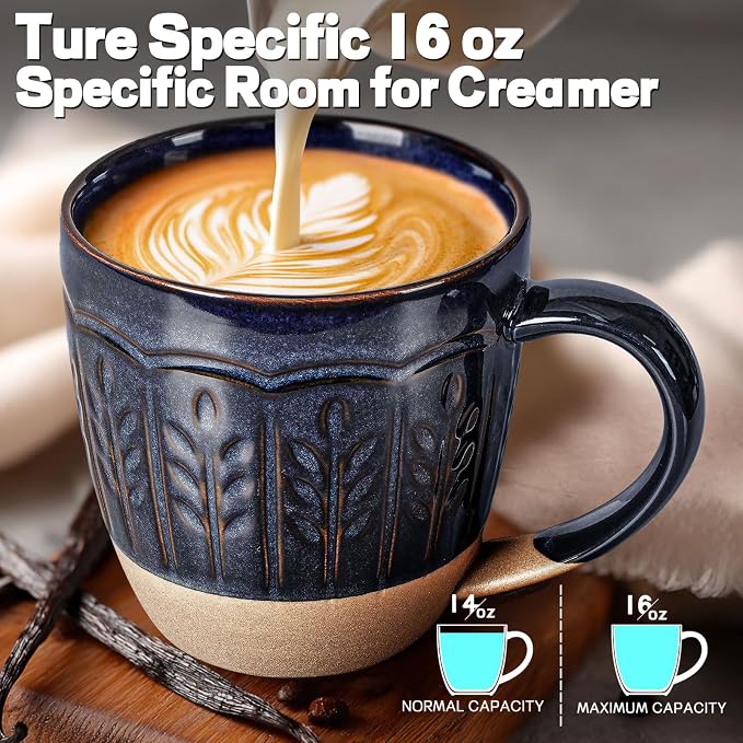 Artena Ceramic Coffee Mugs Set of 4, 16oz Embossed Large Latte Mugs Coffee Cups with Handle for Tea, Latte, Cappuccino & Cocoa, Milk Dishwasher & Microwave Safe, Blue (Wheat Leaf)