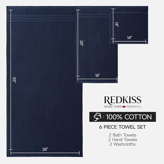 REDKISS Navy Towels Set 6 Piece Cotton Towel Sets with 2 Bath Towels, 2 Hand, 2 Washcloths, 650GSM Hotel Quality, Soft, Highly Absorbent Towels for Bathroom Gym, Ideal Everyday Use