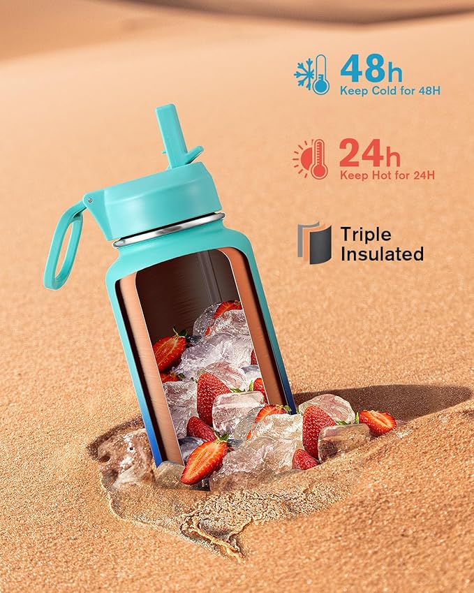 Coolflask Water Bottle 32 oz Insulated with Straw, Stainless Steel Metal 3 Lids Water Flask Wide Mouth for Sports or Office, Non-BPA Keep Cold Up to 48 Hrs or Hot Up to 24 Hrs, Pacific Prince