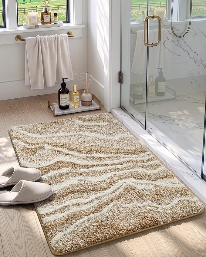DEXI Bathroom Rug Mat 32x20, Soft and Absorbent Marble Bath Mat, Non Slip Machine Washable Bath Rugs for Shower Floor, Tub, Sink, Dark Beige