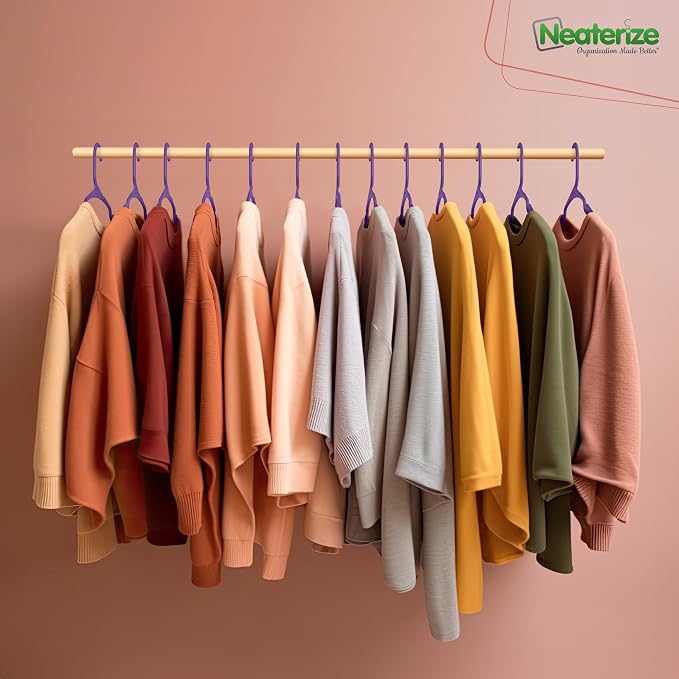 NEATERIZE Clothes Hangers Plastic 100 Pack for Adults - Plastic Hangers, The Perfect Coat Hanger and Space Saving Clothes Hangers for Closet - Purple Hangers