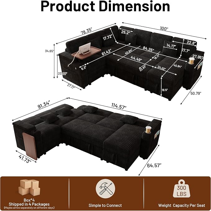 L-Shaped Sectional Sleeper Sofa with Pull Out Bed, Black | Plush Corduroy, Reclining Backrest, Storage Chaise, Usb Ports, Cup Holders & Table – Modular Cloud Couch for Living Room