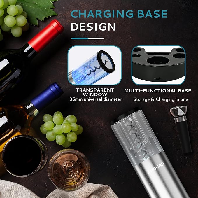 EUHOMY Electric Wine Opener with Charging Base, Wine Aerator Pourer and Foil Cutter, Stainless Steel Automatic Corkscrew Opener with Wine Vacuum Stopper, Fine Set for Wine Lovers