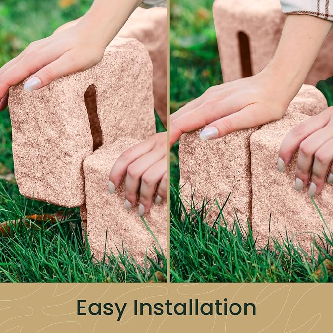 Landscape Edging | Garden Edging Border | Polyrock Blocks for Lawn Edging, Flower Beds & Yard Edging – 10 Pack | Each Section Has 6 Blocks 48" L x 4" W x 6.5" H | 20 Spikes | Sandstone