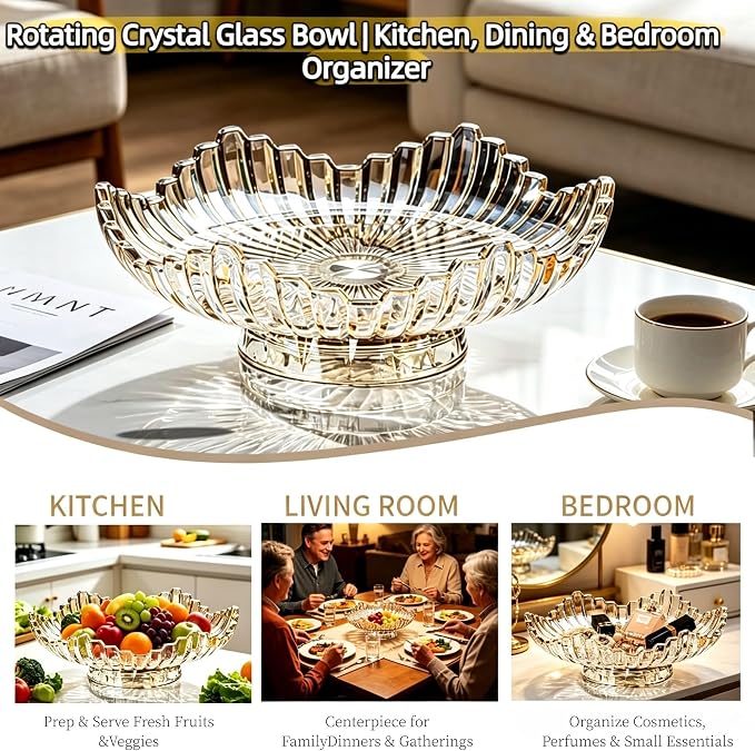 Rotatable Crystal Glass Fruit Bowl, Extra Large Flower Tray 12In | Smooth 360° spinning base, max 20kg load for kitchen & dining display