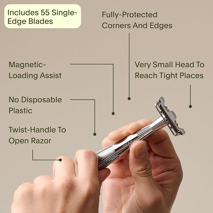 Leaf Twig Razor by Leaf Shave, All-Metal Single Blade Razor for Men & Women, Fixed Head w/Magnetic Load Assist, Includes 5 Stainless Steel Blades - Face Shaving Lighter Hair Sensitive Skin -Rose Gold
