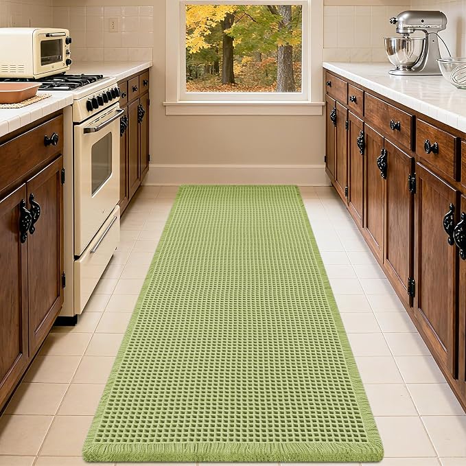 IM HOME Waffle Bath Mat Sage Green 5'x2', Boho Woven Modern Bath Mat Rugs, Absorbent Non Slip Bathroom Rugs, Soft Washable Bath Rugs with Tassels for Bathroom, Bedroom, Kitchen, Shower, Tub