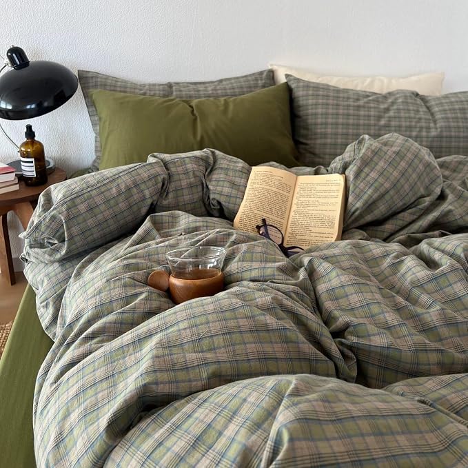 mixinni Vintage Green Buffalo Plaid Duvet Cover Set Twin XL - 3 Piece Mid-Century Washed Cotton Bedding Set with Grid Pattern, Ultra Soft & Breathable Duvet Cover with Pillowcases for All Seasons