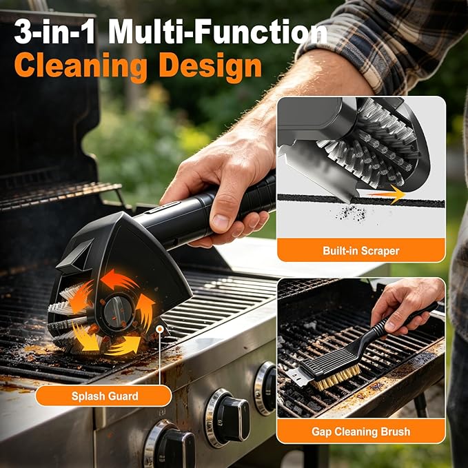 Electric Grill Brush for Outdoor Grill, 4000mAh Cordless Rechargeable BBQ Cleaner with LED Light,2-Speed Grill Cleaner,No Shedding 304 Stainless Steel,Waterproof Grill Cleaning Brush Gifts for Men Dad