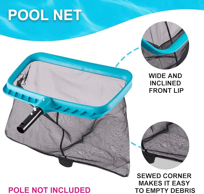 Sepetrel 4-Piece Pool Cleaning Kit, 17.5" Curved Wall Brush, Rotatable Hand Scrubber, Deep Bag Leaf Rake and Flat Skimmer Net (Pole Not Included) for Above Ground and Inground Pools