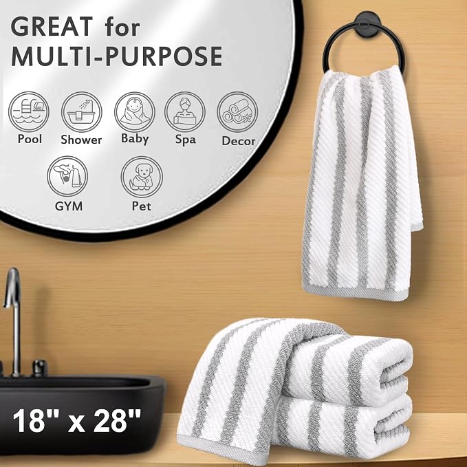 VOOVA & MOVAS Bathroom Hand Towels 4PC, 100% Cotton, 18x28 in, Gray White | Quick Dry, Thick, Soft, Absorbency, Dorm Room Essentials, Ideal For Shower, Gym, Daily Use