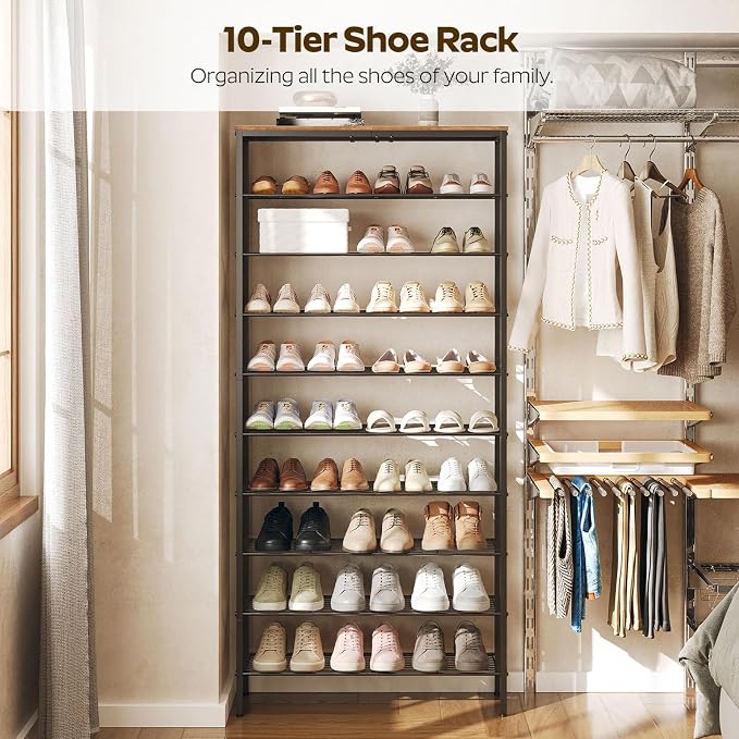 YATINEY 10 Tier Shoe Rack, Large Capacity Shoe Storage Organizer Holds 40 Pairs, Sturdy and Stable, for Entryway, Hallway, Closet, Dorm Room, Rustic Brown SS10BR