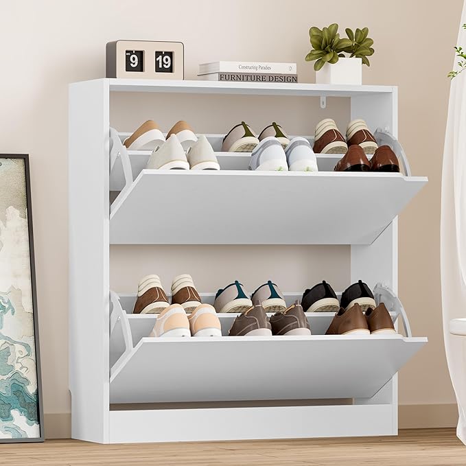 BORNOON Shoe Cabinet with 2 Flip Drawers, Slim Narrow Shoe Storage Cabinet, Freestanding Shoe Organizer with Adjustable & Removable Shelves, Top Display Shelf for Entryway, Hallway, Foyer, Closet
