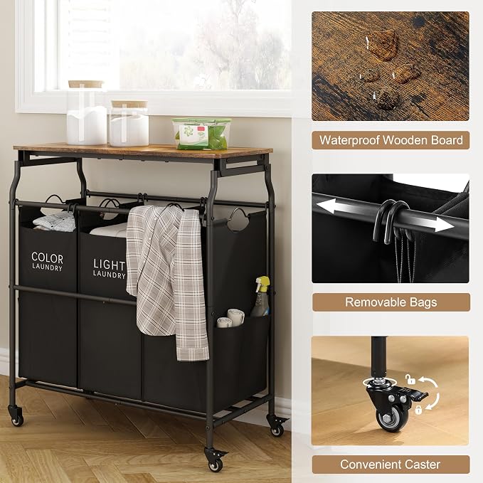 Hoctieon 3 Section Laundry Sorter with Iorning Board, Laundry Hamper, Black | Lockable Wheels, Laundry Basket Organizer with Wheels, Heavy Duty Clothes Organizer, Large Clothes Separator, Removable Bags
