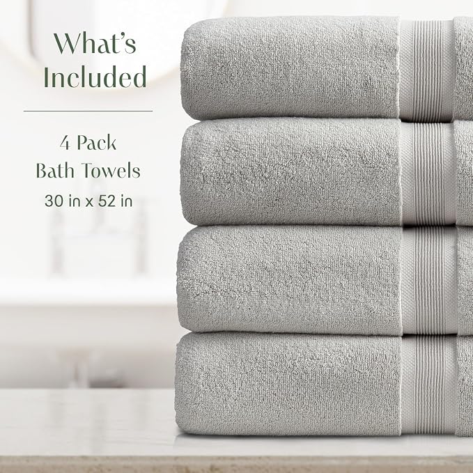 Springtree Home Luxury Bamboo Rayon Plush Bath Towel Set | 4-Pack | Grey | 35% Bamboo Rayon - 65% Zero Twist Cotton | Absorbent Quick-Dry Towels for Bathroom | Ultra Soft | OEKO-TEX Standard 100