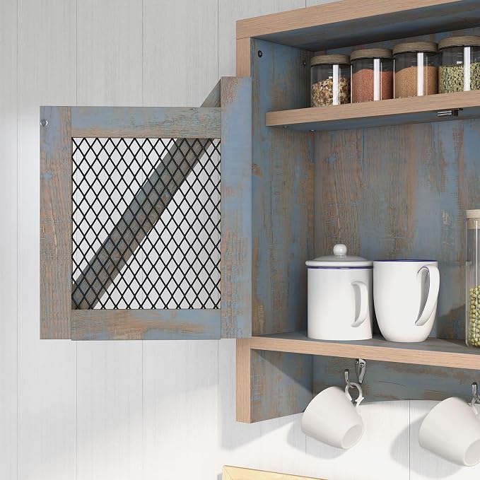 UNA Farmhouse 2 Shelves Wood Wall Cabinet with Net Doors for Bathroom, Kitchen, Living Room, Bedroom, Home Office, Laundry Room, Distressed Blue