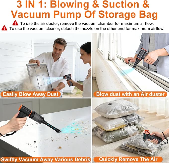 F32MAX Compressed Air Duster-150,000RPM Super Power Electric Air Duster and Vacuum Cleaner & Bag Vacuum Sealer 3-in-1，for PC Keyboard Cleaning, Car Interior Cleaning.