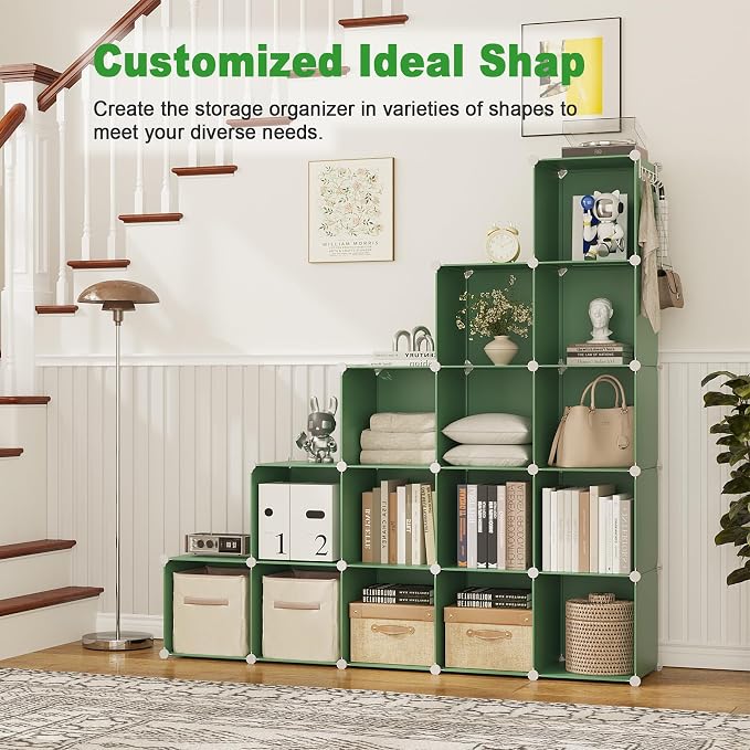 C&AHOME 16 Cube Storage Organizer Cube Shelf Units Storage Cubes, Green | Plastic DIY Closet Organizer, Stackble Modular Closet Storage Shelves Ideal for Home, Bedroom, 48.4" L × 12.4" W × 48.4" H