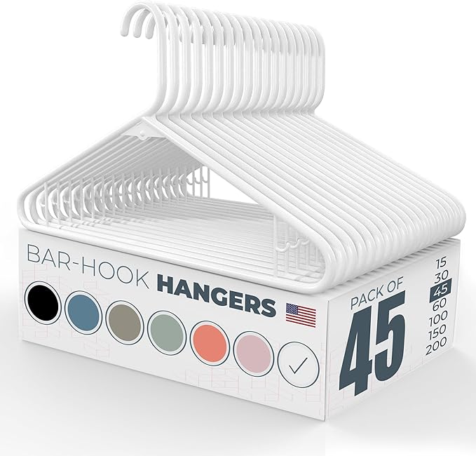 Plastic Hangers 45 Pack – Made in The USA – 6lb Capacity Standard Clothes Hangers with Strap Hooks for Dresses, Lingerie, Shirts, Pants, and Jackets – White