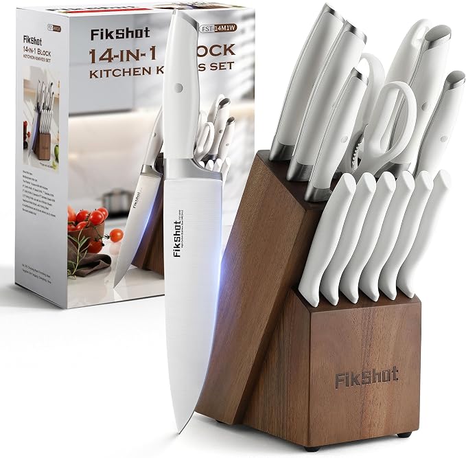 Fikshot 14-Piece Knife Set – German High Carbon Stainless Steel, White | Professional Chef Knives with Block & Sharpener, Dishwasher-Safe, Modern Kitchens, Ideal Gift for Chef & BBQ Festival