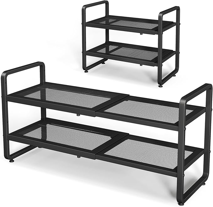 SNTD Shoe Rack - Expandable Shoe Organizer for Closet, Adjustable Metal Shoe Shelf Storage, Stackable Long Shoe Stand Holder for Garage, Entryway, Door Entrance (Black, 2-Tier)