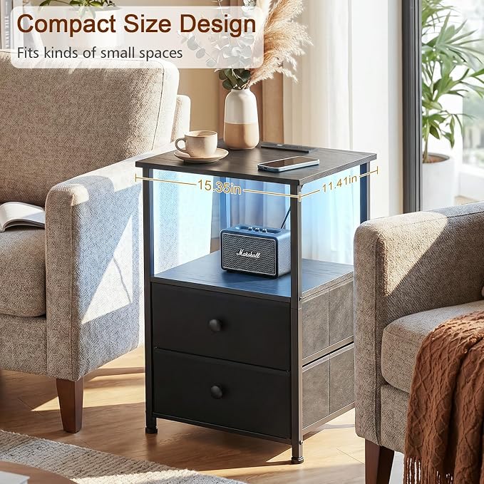 Nightstands Set of 2, LED Night Stand with Charging Station | Bedside Table with Type-C Outlets & 2 Fabric Drawers, End Tables with Storage Shelf for Bedroom, Small Spaces, Black