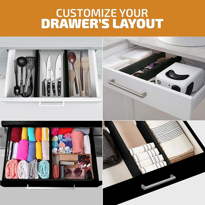 4-Pack Bamboo Drawer Dividers - 12.2 to 17.3 Inches Deep, 2.6 Inches High, Adjustable Expandable Drawer Organizer Dresser Separator for Clothes, Utensils, Kitchen, Bathroom, Office Storage, Black
